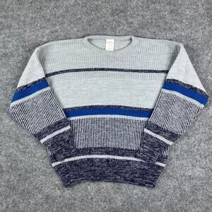 Tesco Sweater Mens Large Gray Blue Striped Crewneck Knit Pullover Vintage UK